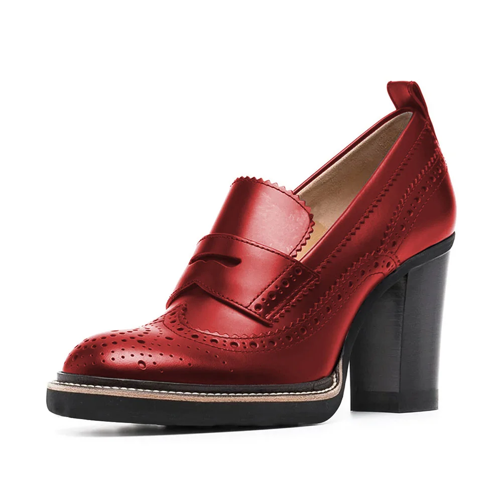 Red Vegan Leather Round Toe Oxford Style Chunky Heeled Loafers