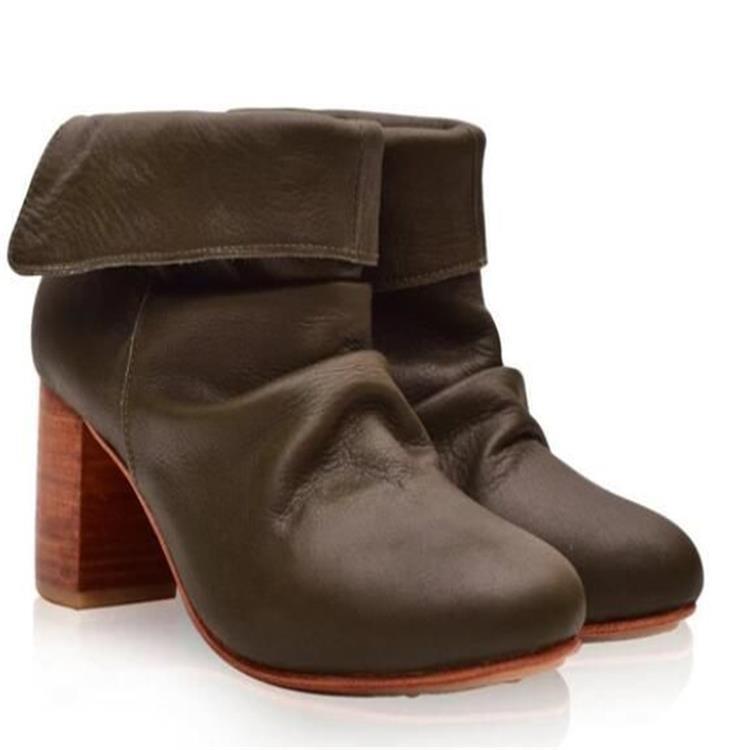 Women retro fold down chunky high heel slouch ankle booties