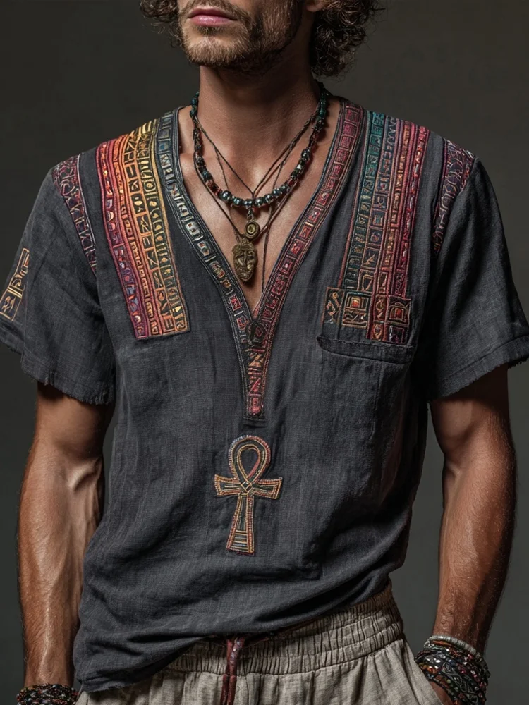 Ancient Egyptian Ankh Embroidered Vintage Linen Shirt