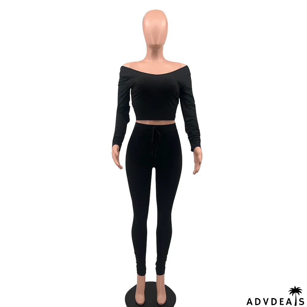 Women's Solid Color Sexy Ribbed V-Neck Two Piece Set