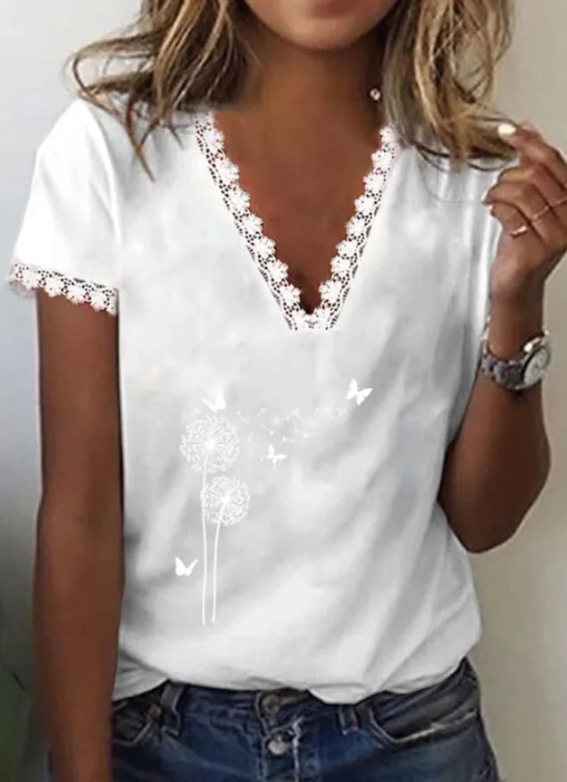 Women's Dandelion Printed V-neck Lace Loose Short Sleeved Shirt