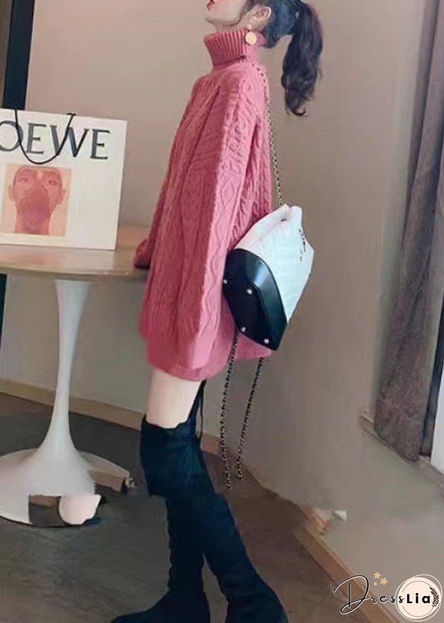 Stylish Rose Hign Neck Patchwork Thick Knit Sweater Dress Winter