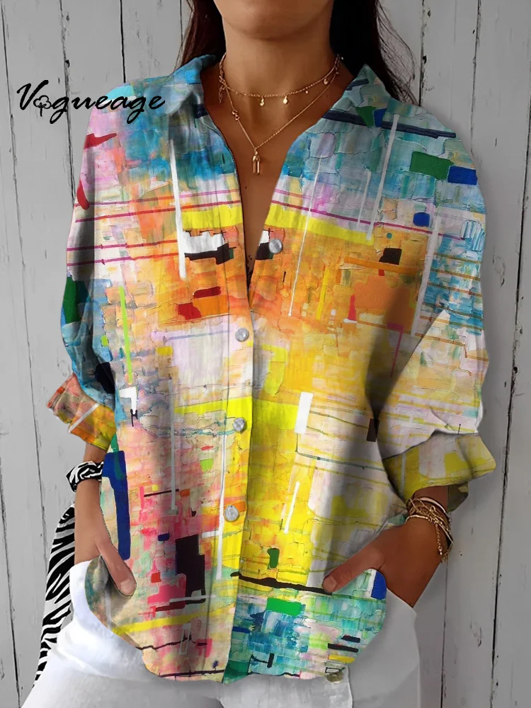 Gentle And Elegant Painted Gradient Pattern Printed Cotton And Linen Shirt
