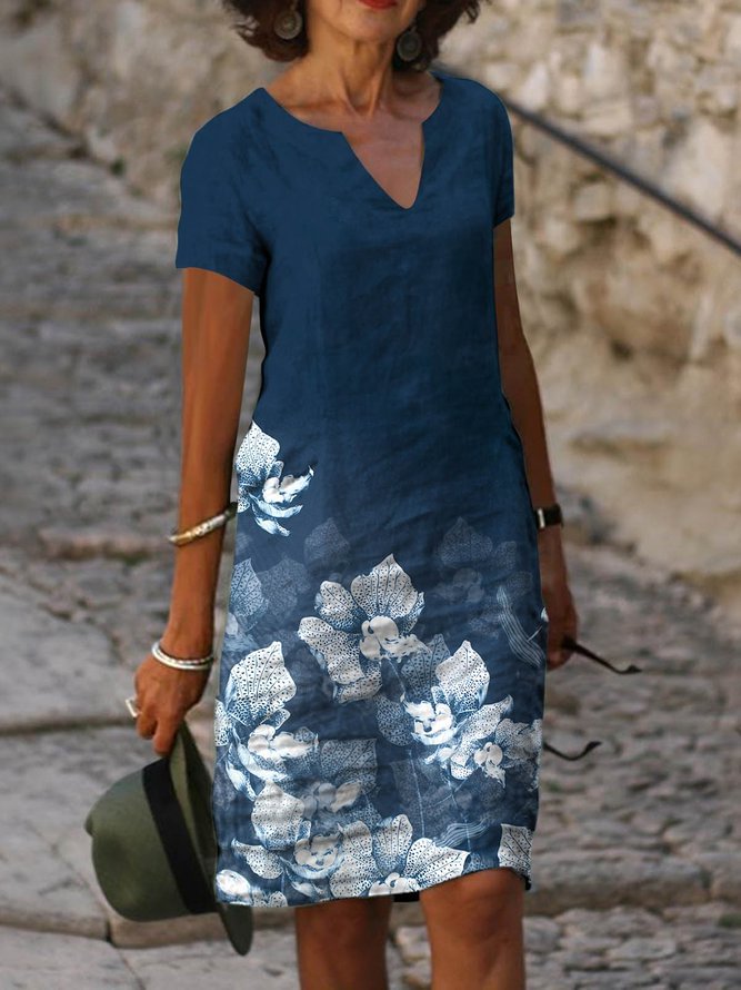 Casual Summer Casual Contrast Print Straight Skirt Casual Short Sleeve V Neck Shift Weaving Dress D180- Fabulory