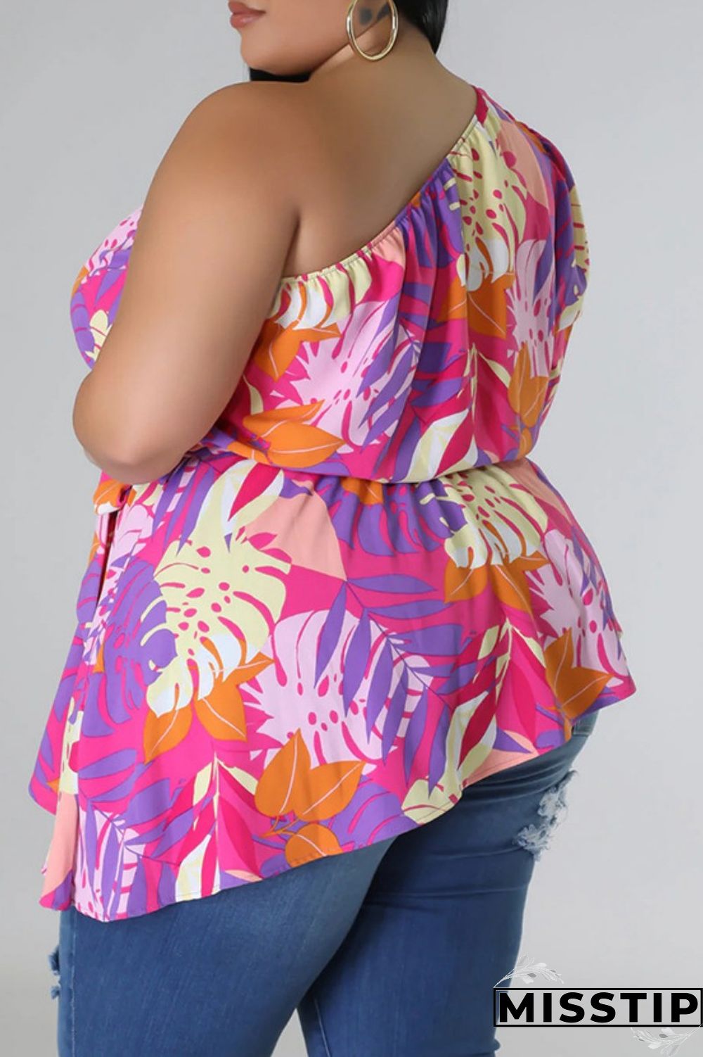 Black Yellow Casual Print Backless Oblique Collar Plus Size Tops