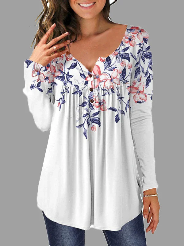 Women's Button Graphic Printed V-Neck Long Sleeve Top