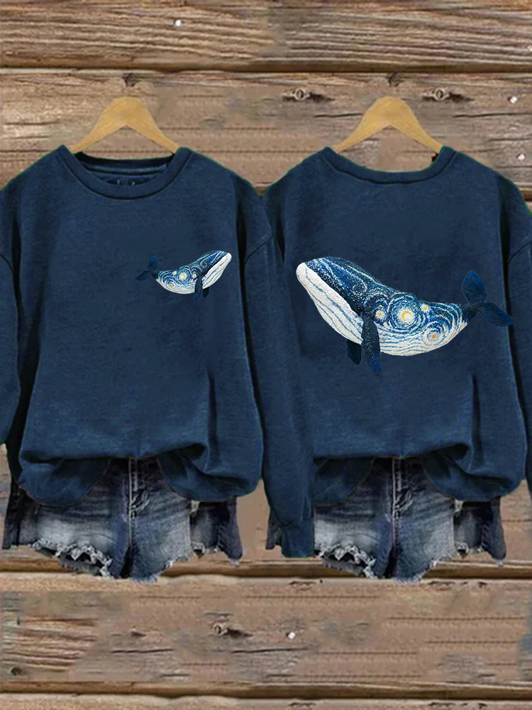 Starry Night Inspired Whale Embroidery Art Washed Sweatshirt wearshes