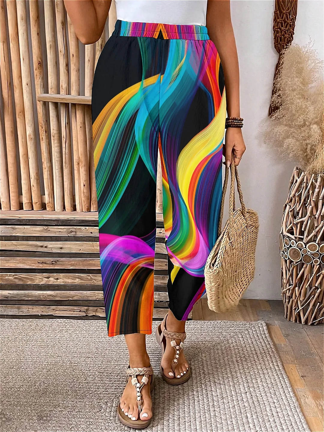 Plus Size Elastic Waist Geometry,Curve,Colorful,Black Printed Pants