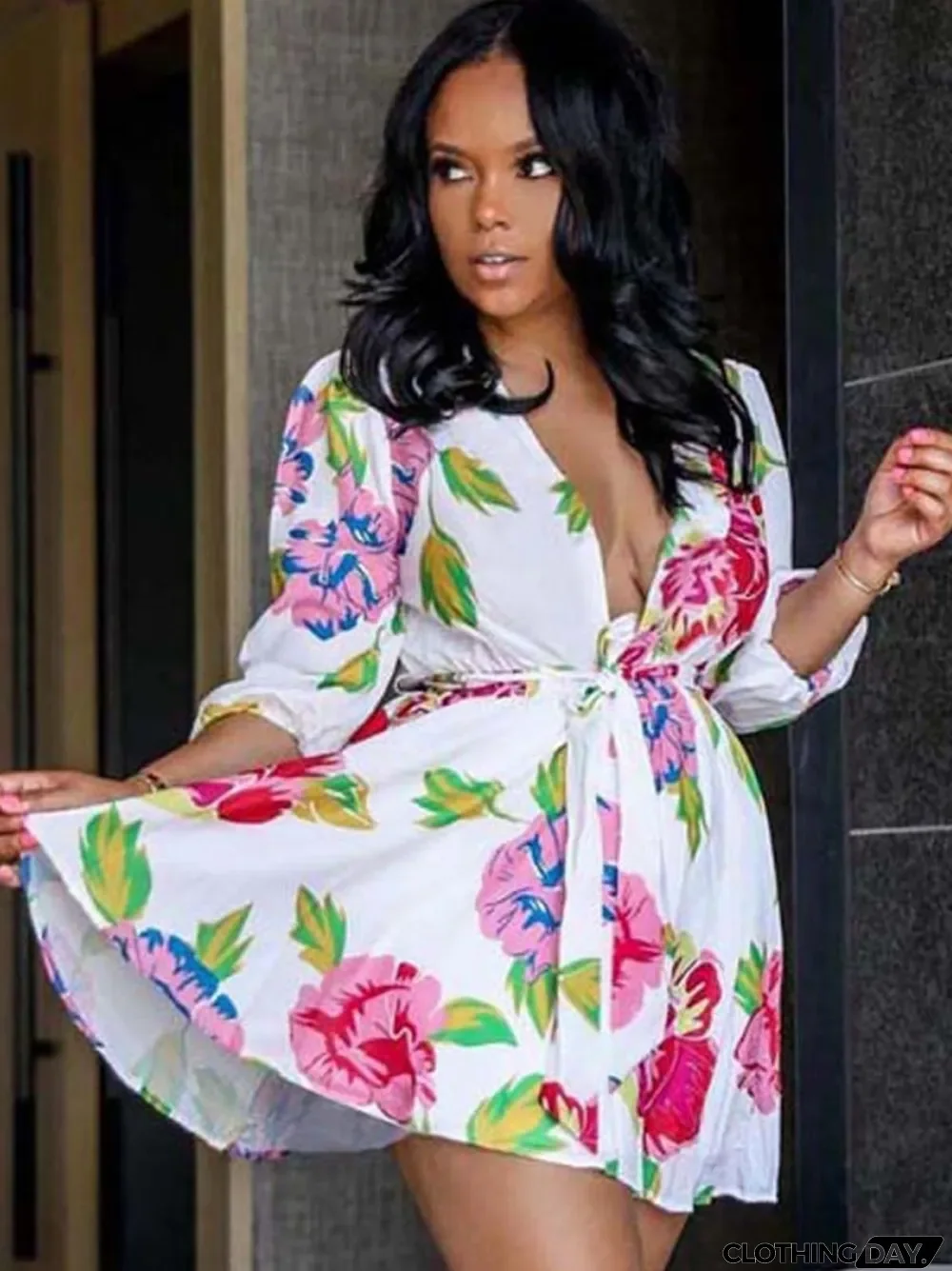 Autumn Casual Sexy Deep-V Floral White Skater Dress with Belt