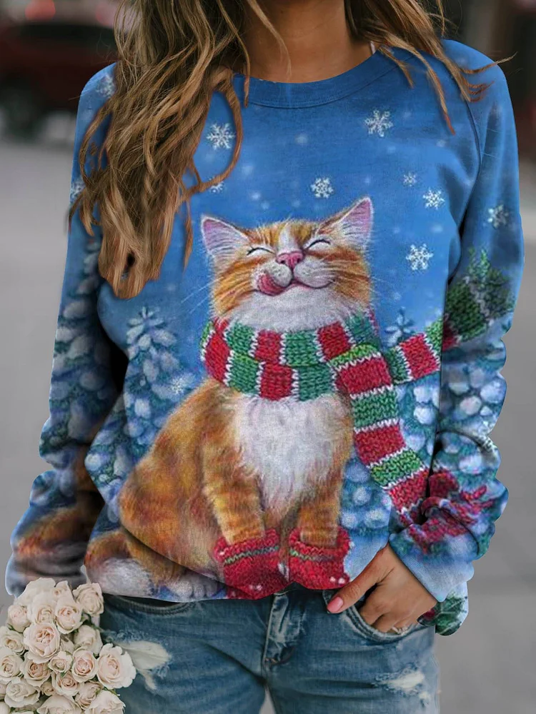 Cute Christmas Cat Print Sweatshirt