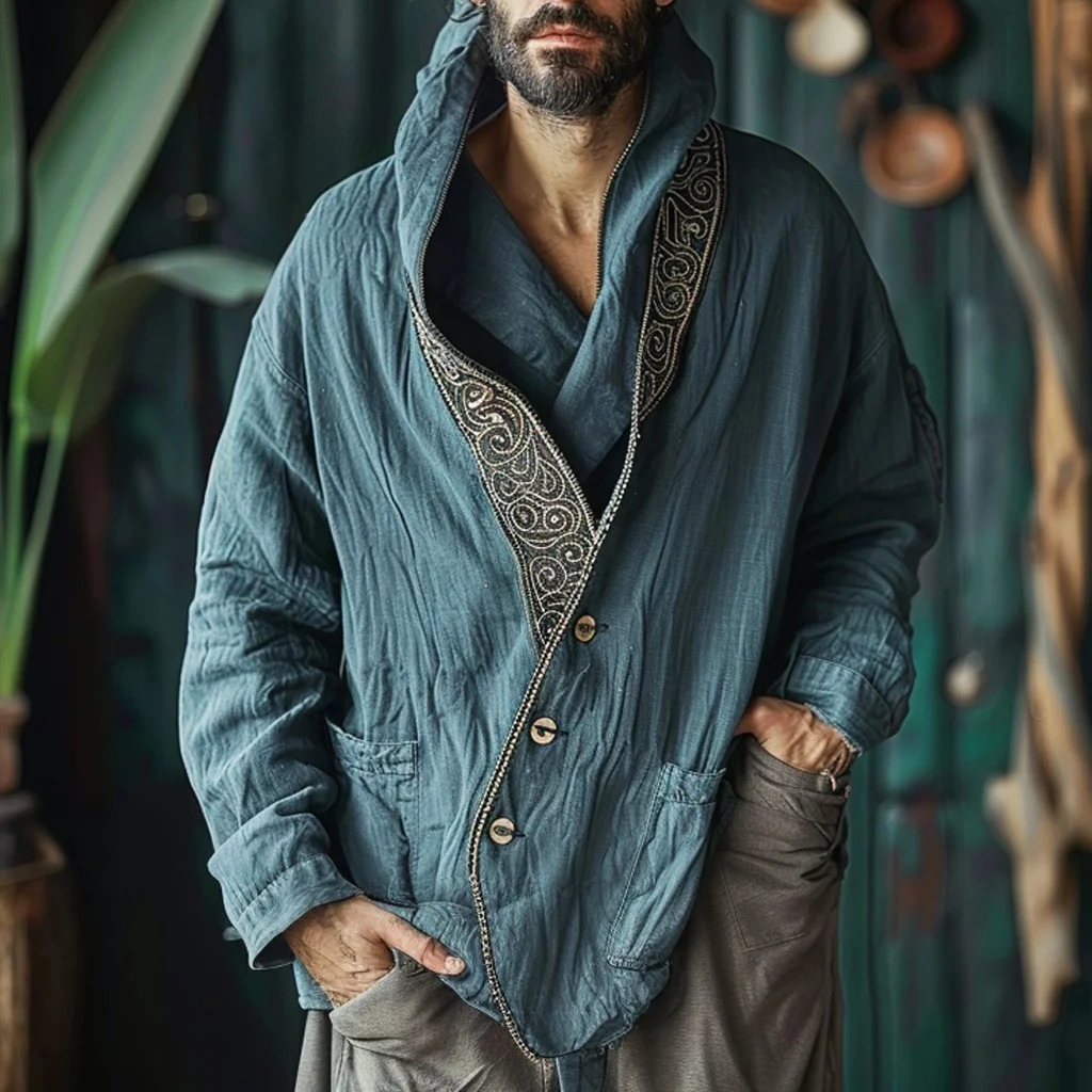 Men's Linen Ethnic Hoodie Simpe Loose Jacket-inspireuse