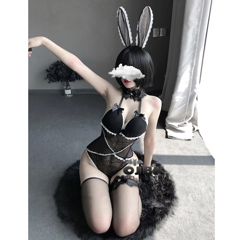 Billionm OJBK Sexy Bunny Girl Black Cosplay Costumes With Cute Rabbit Tail Transparent Charming Bodysuit Headband Legring 3pcs Set Outfit