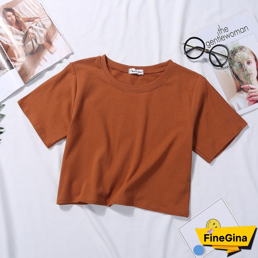 Summer Short Sleeve T Shirts Women Cotton Solid T-shirt O Neck High Waist Crop Top Tee Female Casual Loose T Shirt