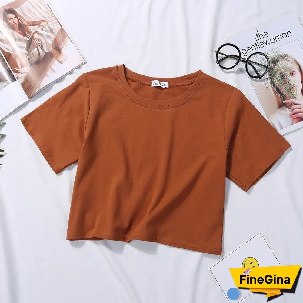 Summer Short Sleeve T Shirts Women Cotton Solid T-shirt O Neck High Waist Crop Top Tee Female Casual Loose T Shirt