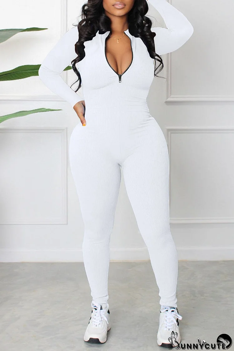 White Casual Sportswear Solid Patchwork Zipper Collar Regular Jumpsuits