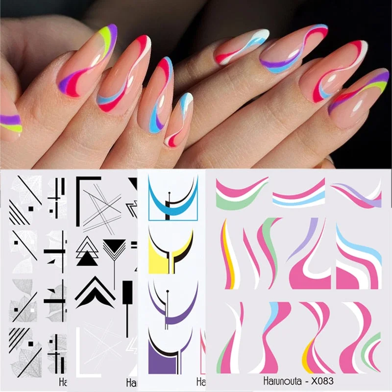 Harunouta 4pcs Geometry Color Wave Line Water Decals Stickers Flower Leaves Slider For Nails Spring Summer Nail Art Decorations-Nail Inspo
