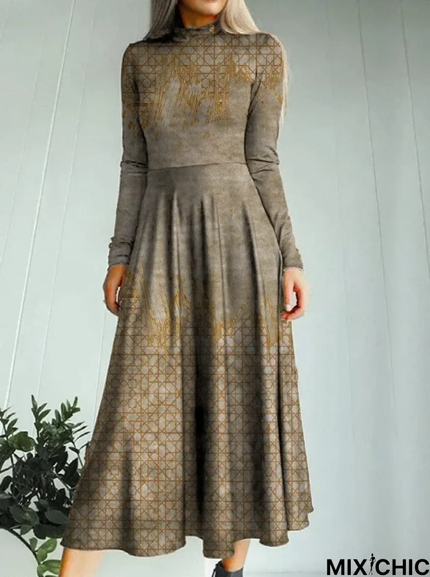 Fashion Check and Art Print Turtleneck Maxi Dress Women