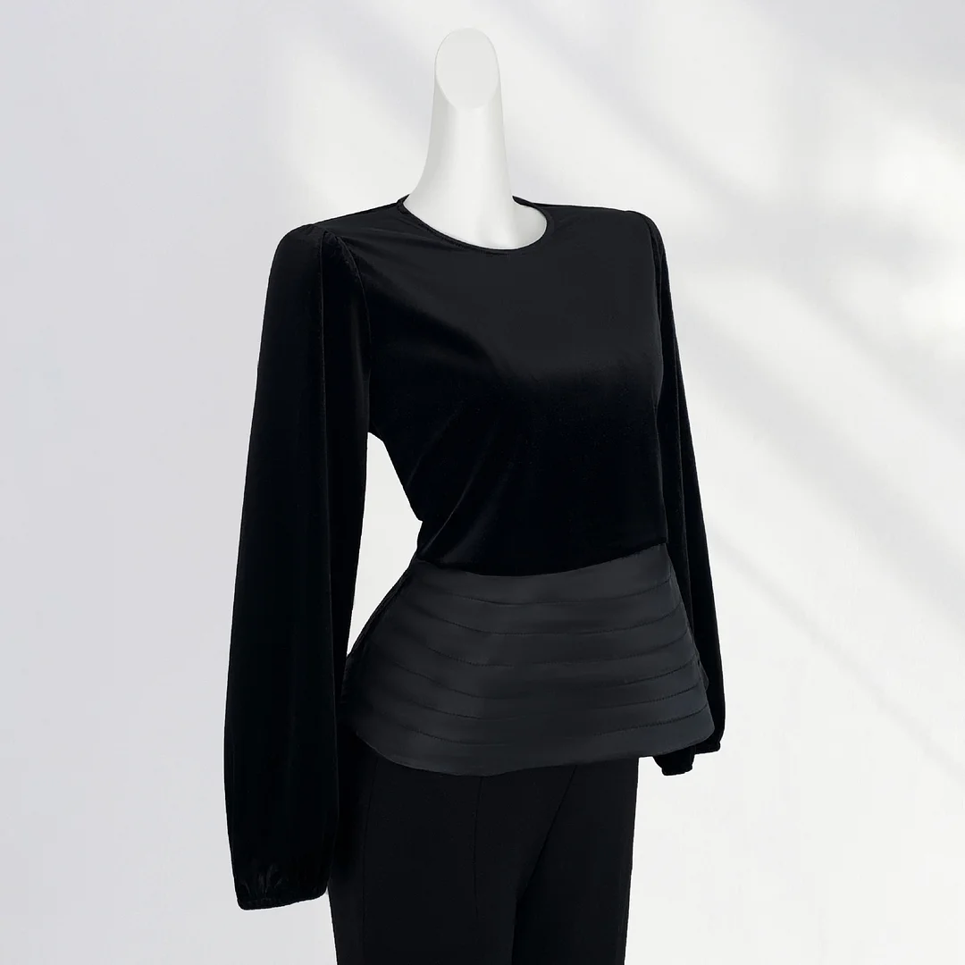 Zingj Zingj Waist Shows Thin Temperament Famous Lady Daughter Wind Black Golden Velvet Jacket Female Early Spring Round Collar French Long-Sleeved T-Shirt Female
