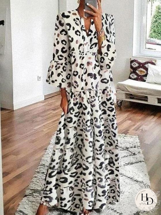 Dresses V-Neck Leopard Print Boho Long Sleeve Dress for Women