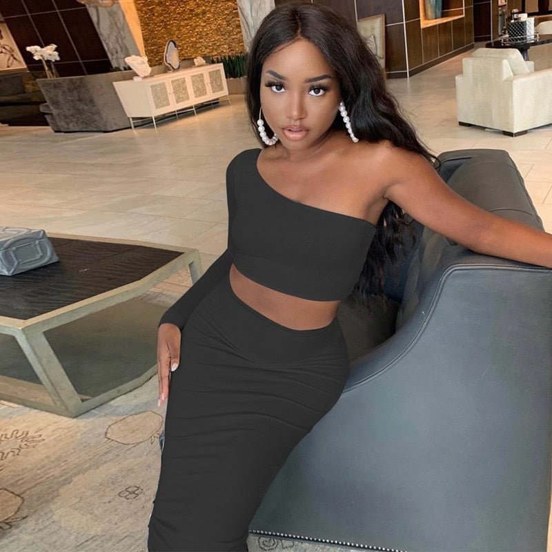 Hawthaw Women Long Sleeve Off Shoulder Crop Tops Long Pencil Skirt Skinny Slim Autumn Fall Two Piece Sets Clothes Suit 2Pc