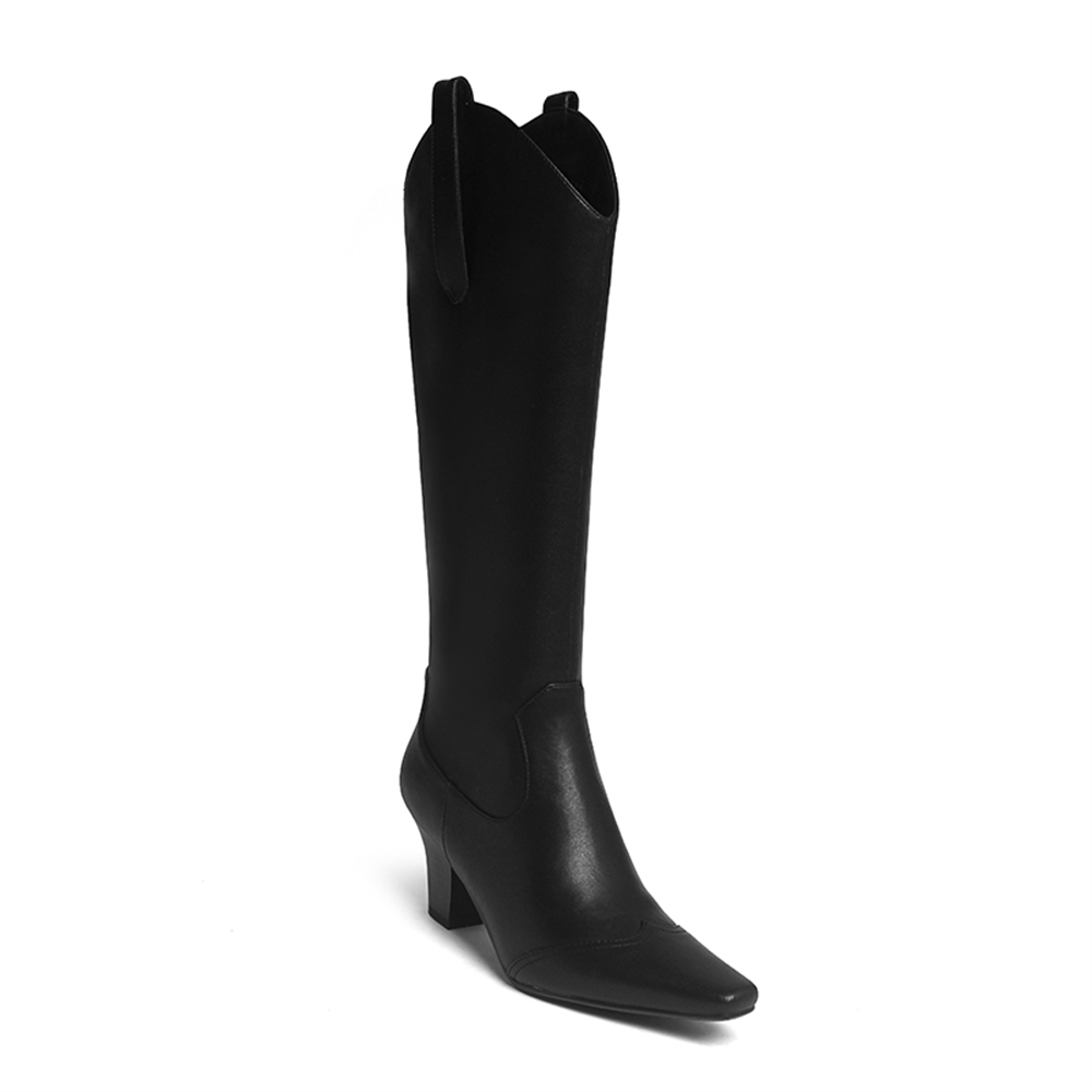 50mm Women Side Zip Block Heel Square Toe Western Boots Black-vocosishoes