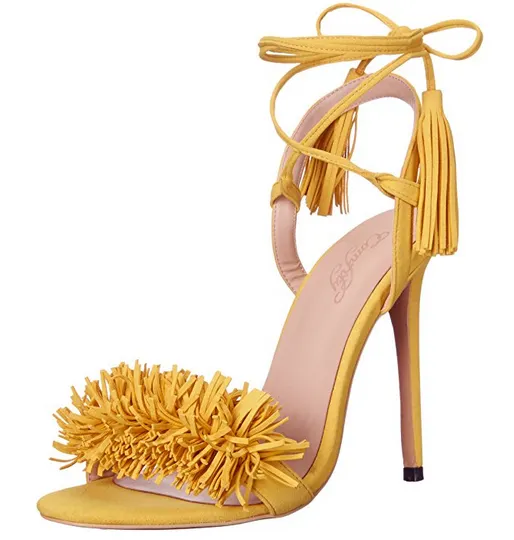 3.94" Ladies Open Toe Suede Leather Sandals Fringed Strappy Stiletto Heel Shoes-vocosishoes