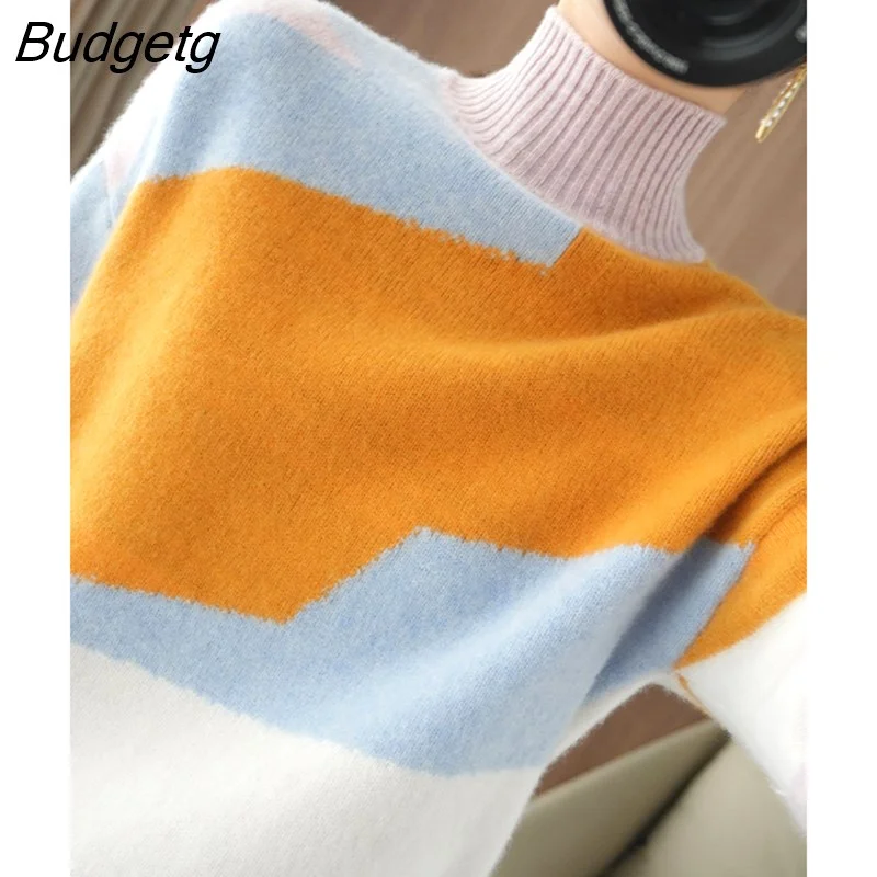 Budgetg Woman's Sweater Fashion Casual New Turtleneck Long Sleeve Patchwork Jumper 100% Wool Knitted Female Pullover Top Clothing