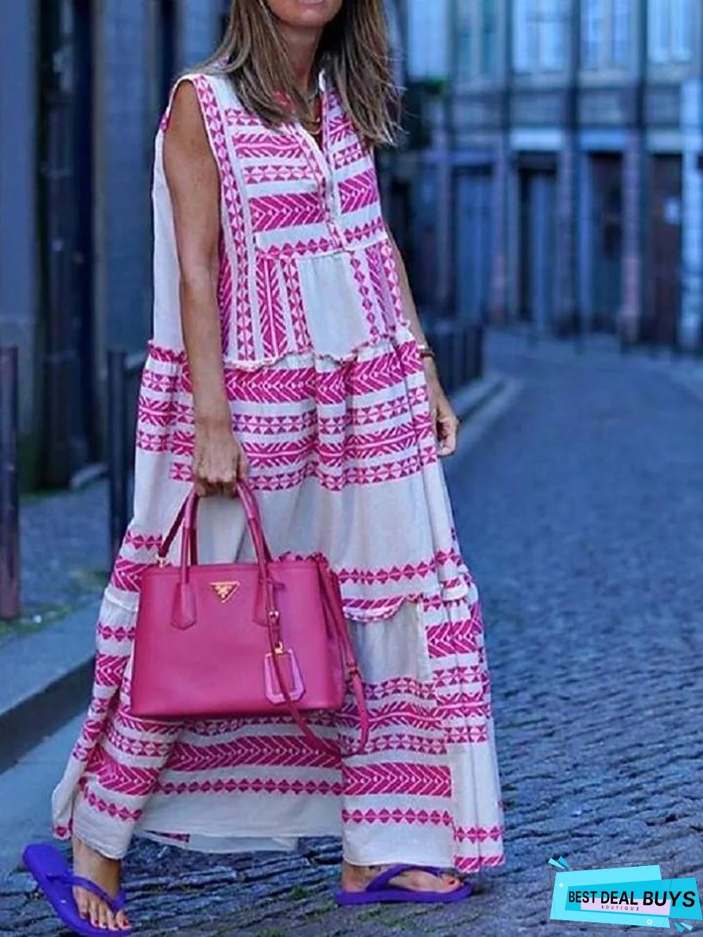 Women's Swing Dress Maxi Long Dress Sleeveless Geometric Print Spring Summer Boho Blushing Pink