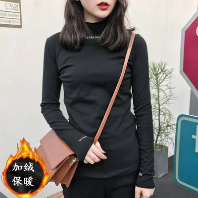 Uveng Uveng Spring 2024 Half Turtleneck Jacket Bottom Shirt Women's Letters Embroidered Slim Students Solid Color And Velvet Long Sleeve T-Shirt Women