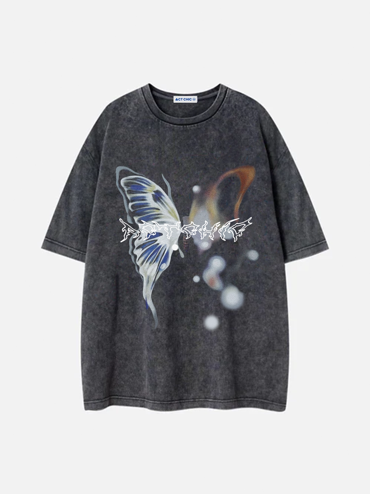Black Act Chic Asymmetric Butterfly Print Washed Tee Front