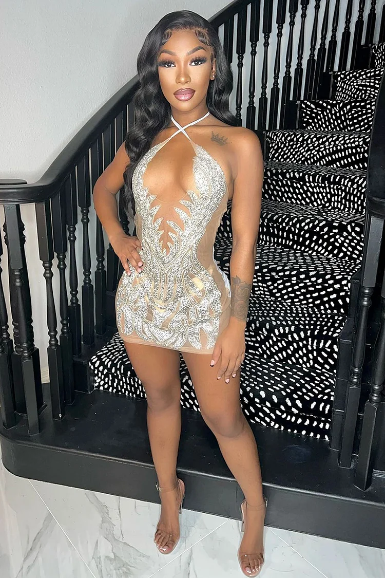 Mesh Rhinestone Halter Sleeveless Backless Bodycon Party Mini Dress