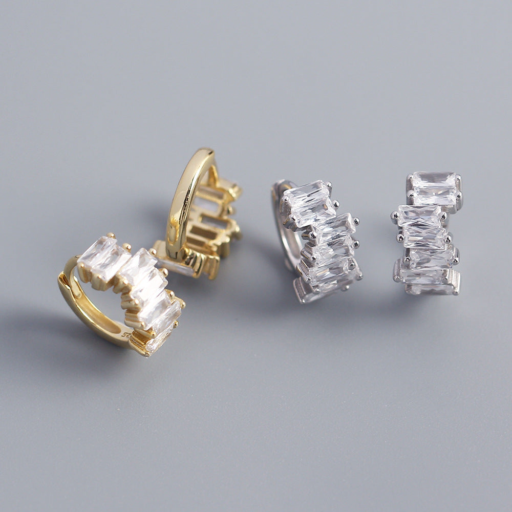 925 Sterling Silver Moderate Luxury Quadrilateral Silver Diamond Inlay Stud Earrings