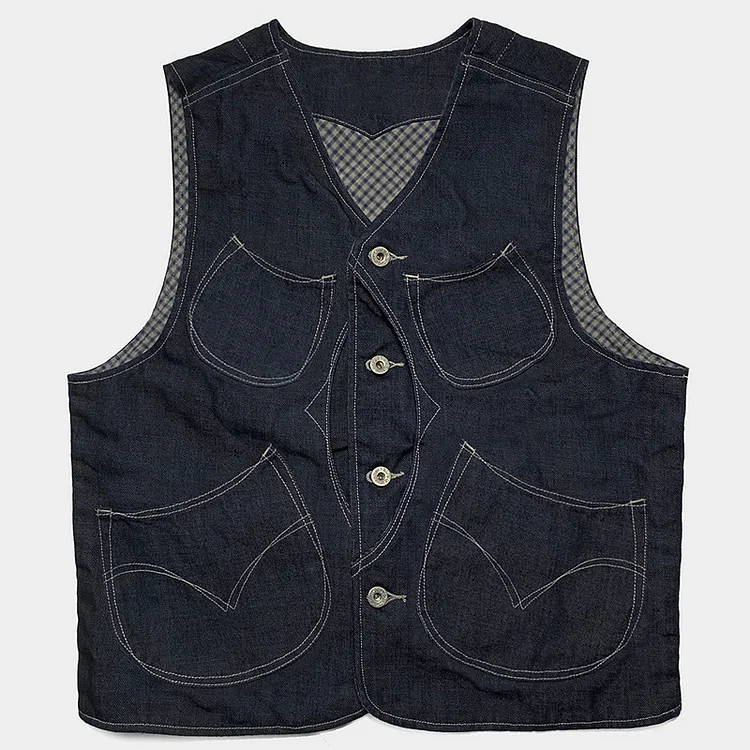 13OZ Indigo 6 Pocket Denim Single Breasted Vest