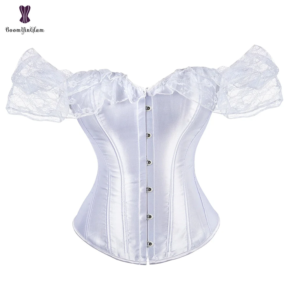 Women Short Sleeve Corset White Black Waist Bustier Tops Overbust Korset