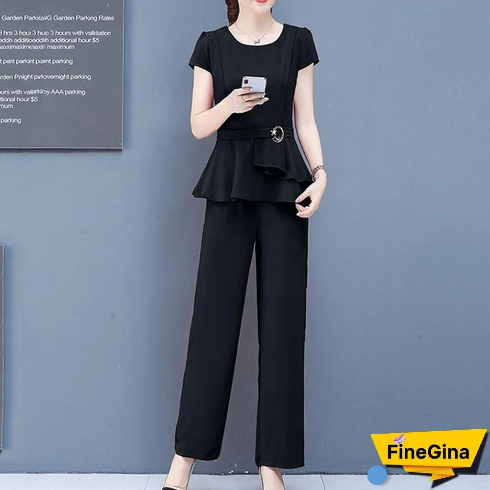Summer 2 Two Piece Sets Outfits Women Plus Size Short Sleeve Tunics Tops And Pants Suits Office Elegant Korean Sets