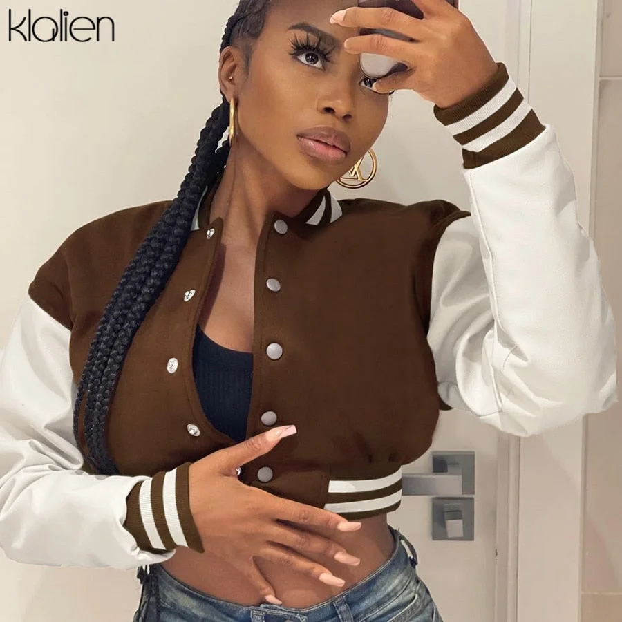 KLALIEN Fashion Casual Streetwear Women Long Sleeve Single Breasted PU Leather Patchwork Coat Sportswear Slim Female Outerwear