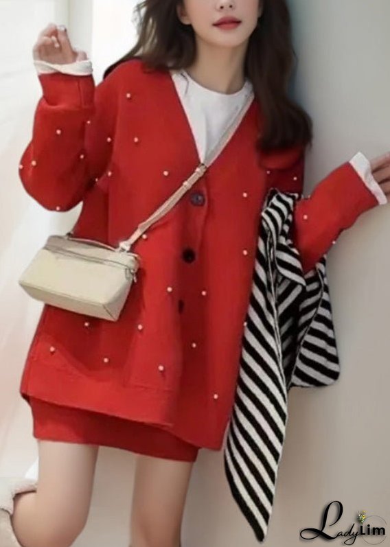 Fashion Red V Neck Nail Bead Cotton Knit Cardigan And Skirts Two Pieces Set Winter