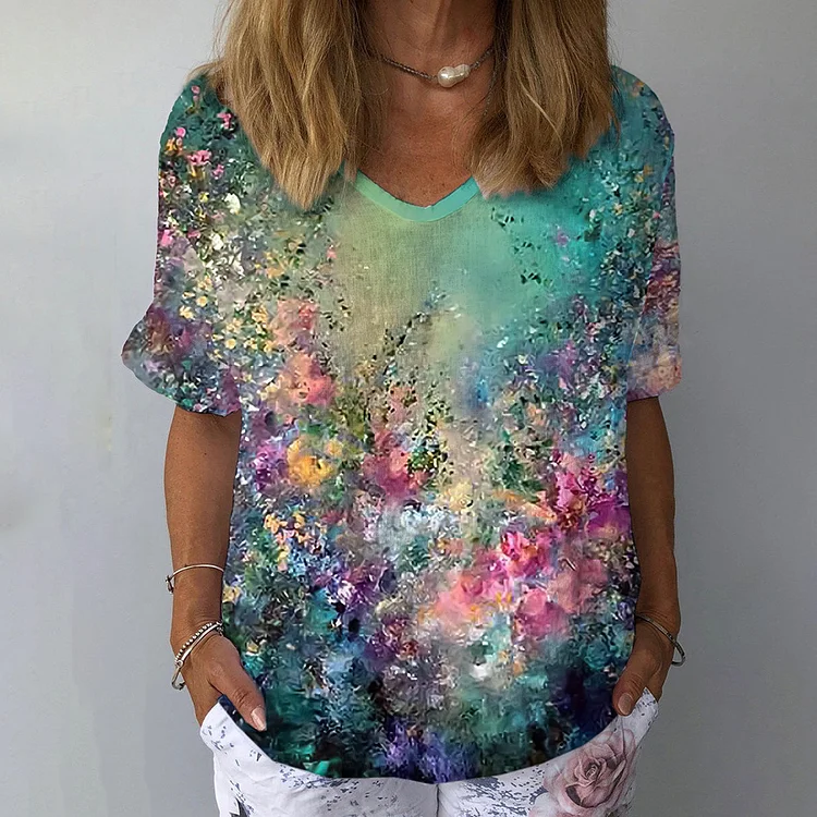 Floral Print V-Neck Casual T-Shirt