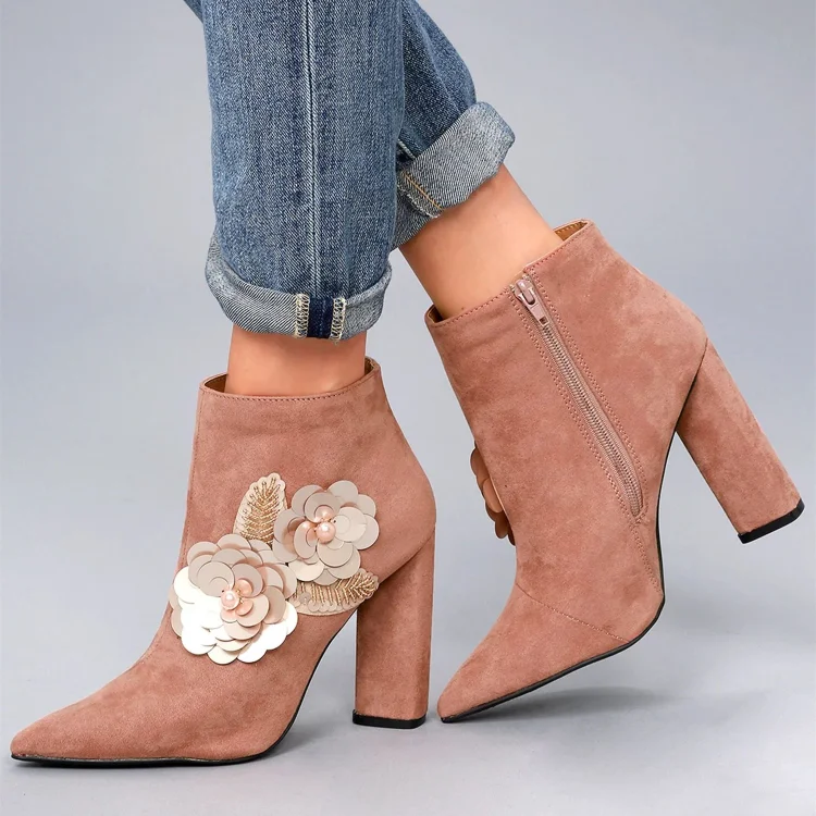 Pink Vegan Suede Ankle Boots Beaded Sequin Flower Block Heel Booties |FSJ Shoes