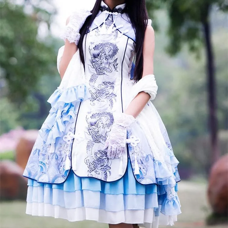 S/M/L Lolita Classical Chinese Style White Tiger Dress/Tippet Cosplay Costume SP165440