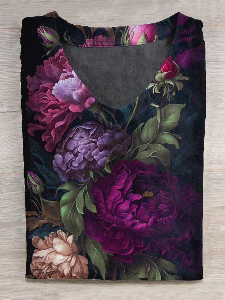 Unisex Floral Art Print V-Neck Short Sleeve T-Shirt
