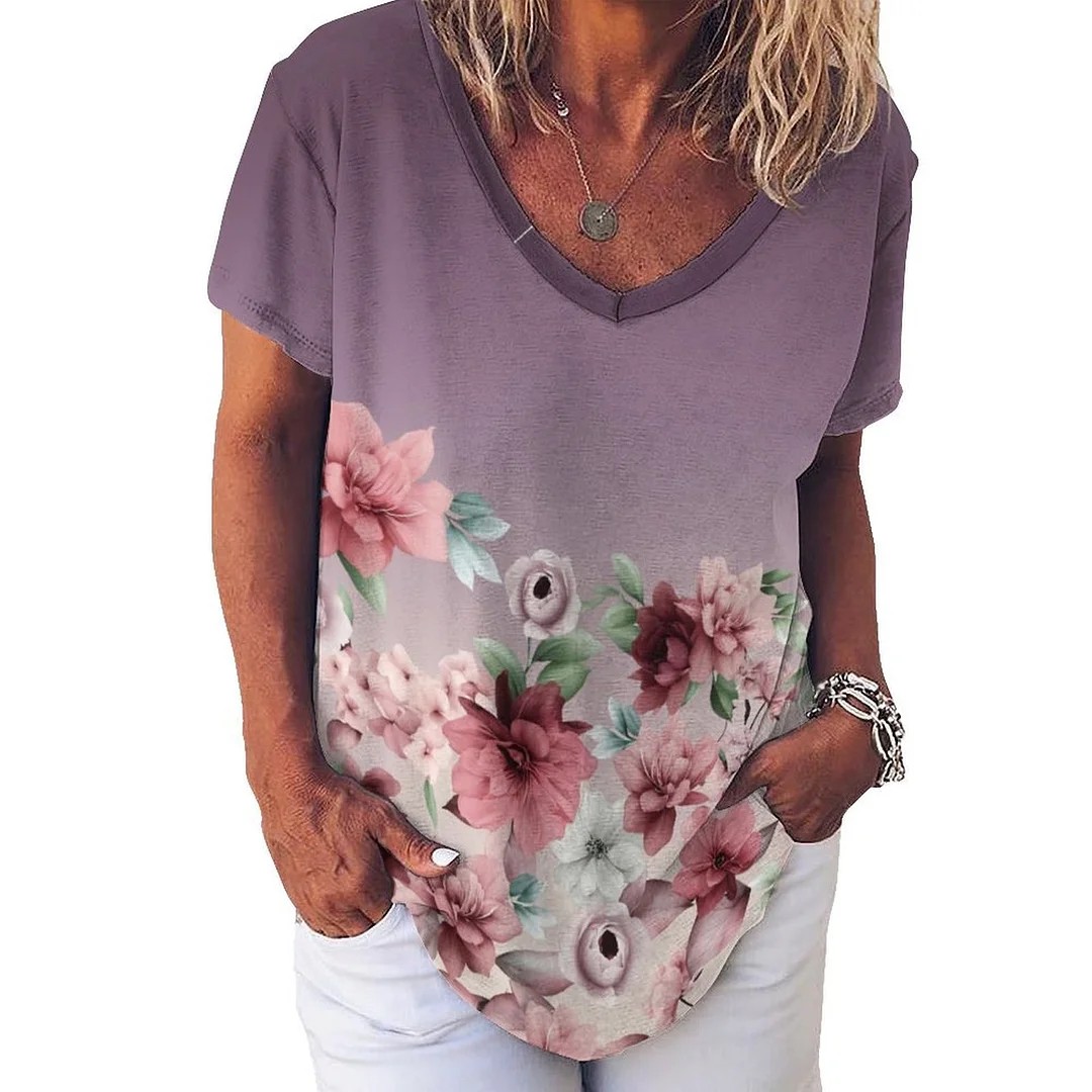 V-neck Short Sleeve Casual T-shirt for  Women Printed with Pattern Floral, Pink, Red