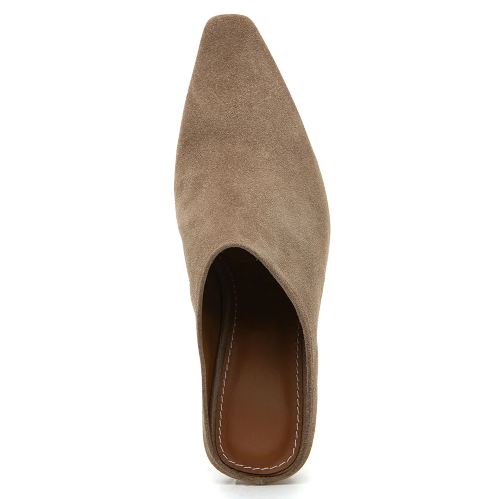 Taupe Square Toe Vegan Suede Slip-On Chunky Heel Mules Shoes