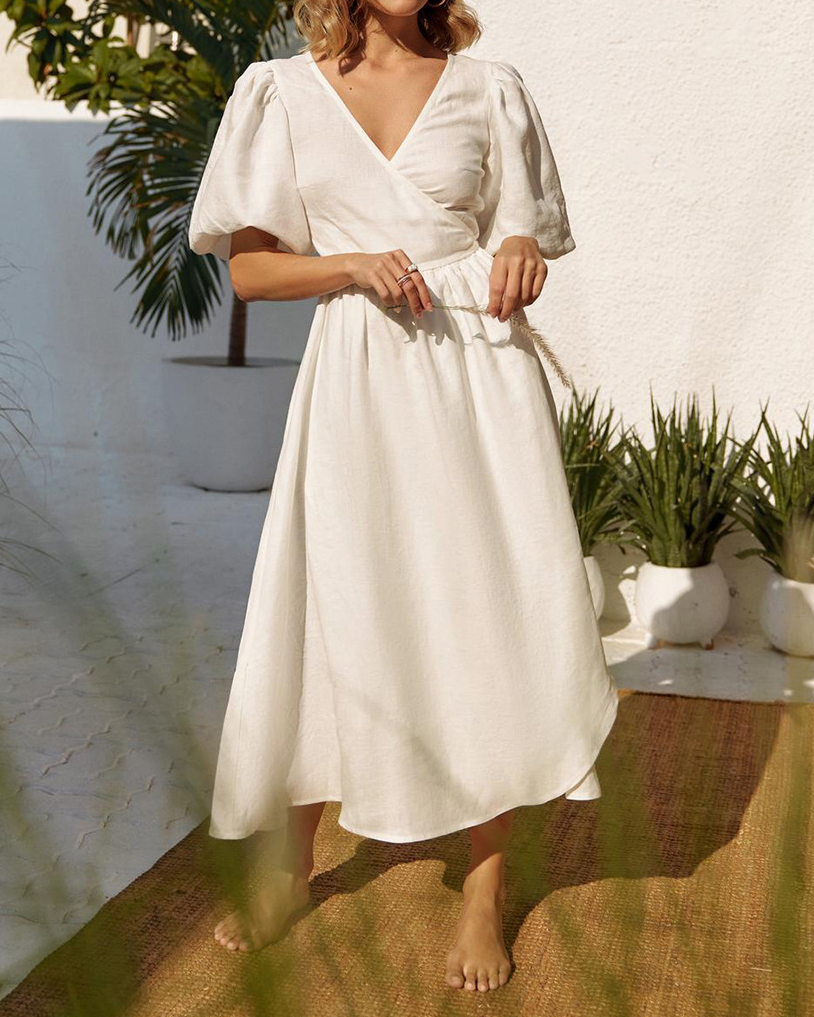 Puff Sleeve V Neck Side Split Midi Dress