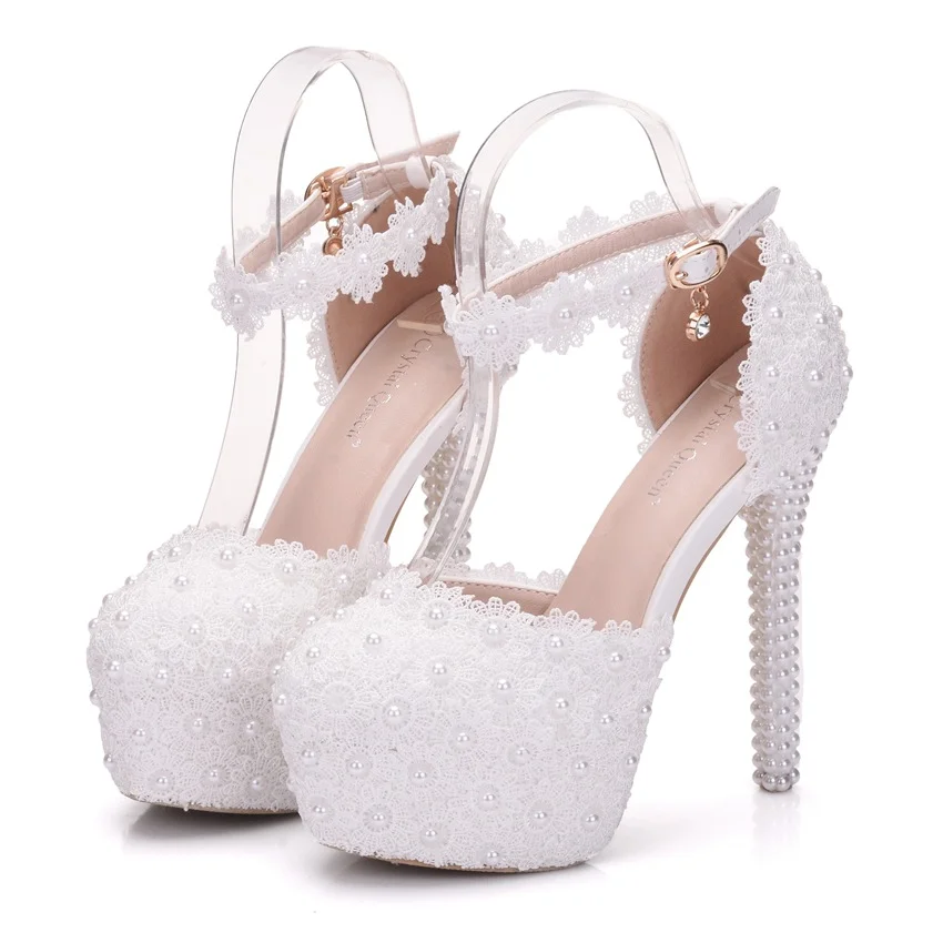 Breakj Breakj Cm White Lace Wedding Shoes Fine Heel Round Head Waterproof Shoes Large Size White Wedding Shoes Sandals