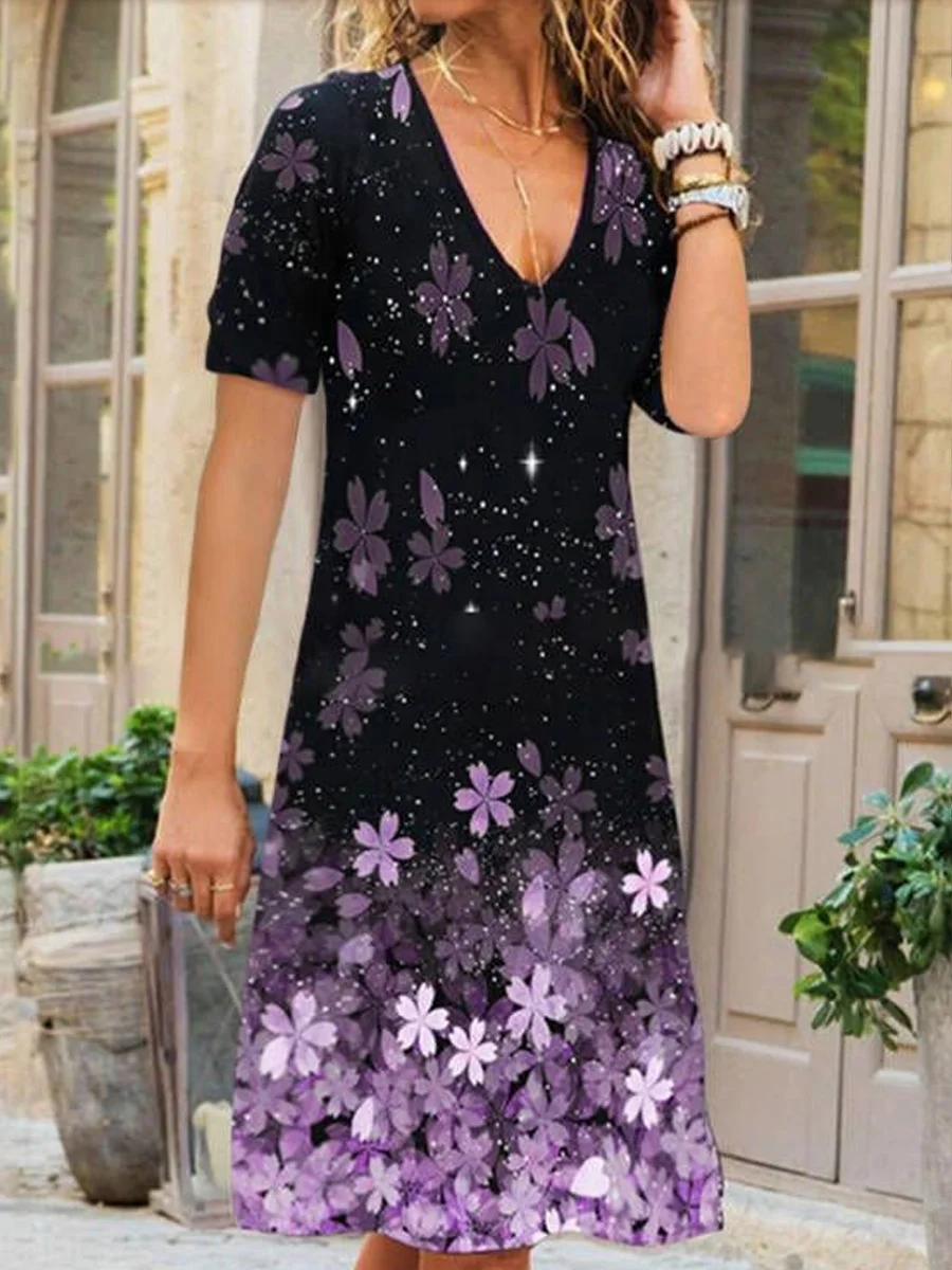 Loose Floral Print Short Sleeve Crew Neck Dress
