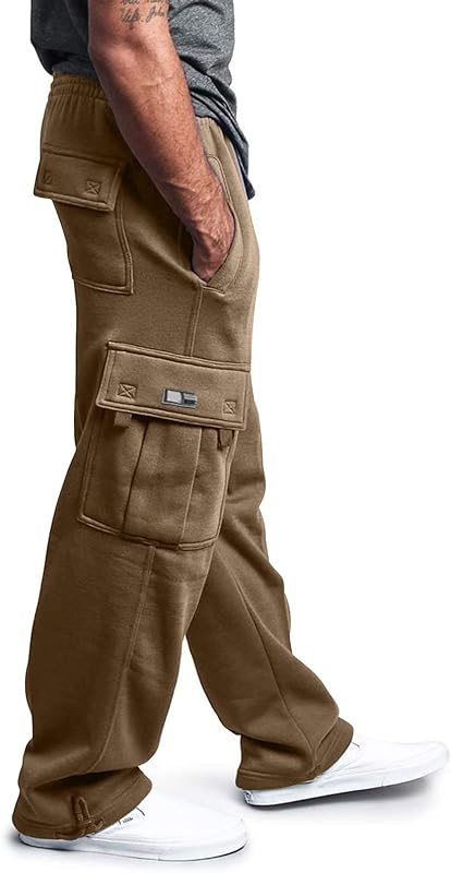 Men's Heavyweight Cargo Fleece Sweatpants Stretch Elastic Waist Trousers Drawstring Loose Fit Joggers With Pockets