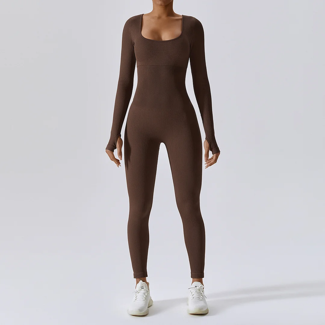 Solid color seamless U-neck long sleeve one-piece set