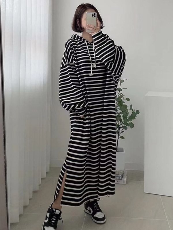 Urban Drawstring Hooded Striped Printed Long Sleeves Midi Dress