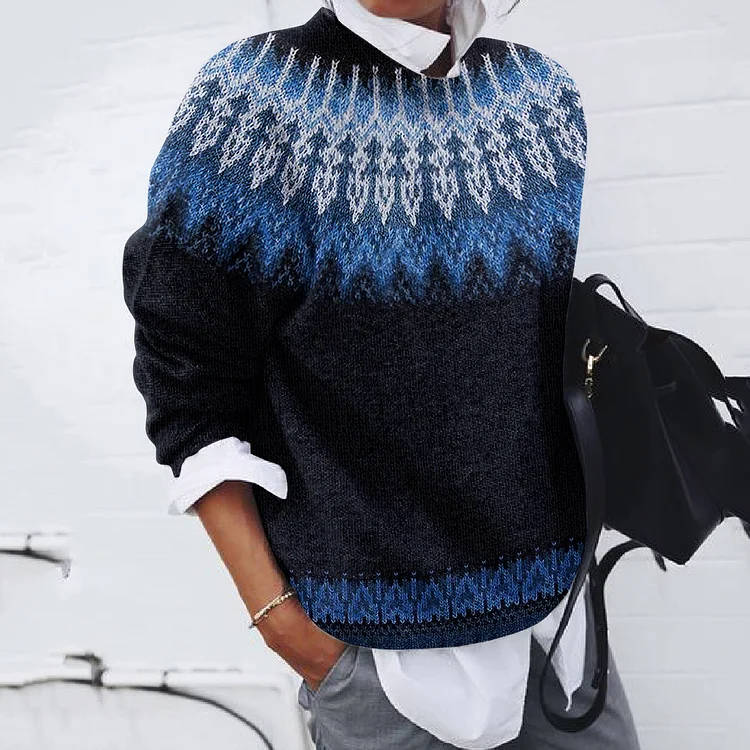 VChics Vintage Tribal Icelandic Knit Contrast Pattern Sweater